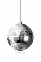 Obraz premium Shiny disco ball hanging on a white background, reflecting lights around