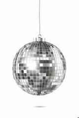 Fototapeta premium Shiny Silver Disco Ball Hanging with Reflective Tiles on White Background