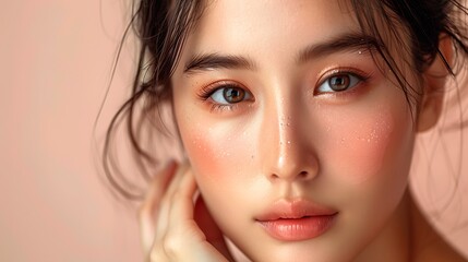 Obraz premium Close-up portrait of young Asian beautiful woman with K-beauty make up style and healthy and perfect skin isolated on beige background for skincare commercial product advertising. 