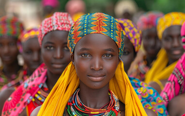 Fototapeta premium A young woman in West Africa, wearing a colorful headwrap and multiple beaded necklaces, looks directly at the camera