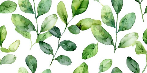 A seamless watercolor pattern of green leaves on a white background, ideal for use in design projects like textiles, wallpapers, and digital media.