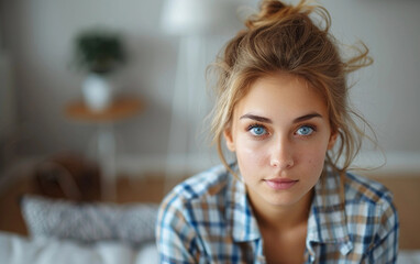 Naklejka premium A young woman with blonde hair, wearing a plaid shirt, looks up thoughtfully while sitting on a bed in a bedroom