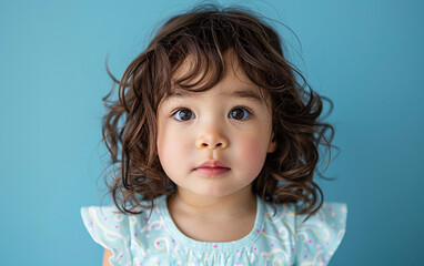 Naklejka premium A young toddler with curly brown hair looks directly at the camera. They are wearing a light blue shirt with a colorful pattern and are posed against a blue background