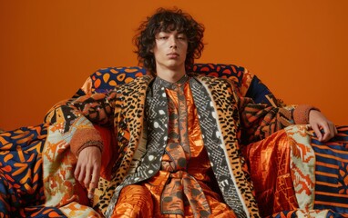 Obraz premium A young adult of Berber descent, wearing a vibrant orange and black patterned shirt and jacket, sits on a couch with a patterned orange background
