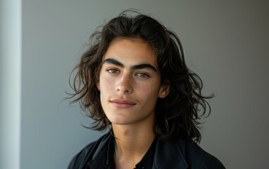Fototapeta premium A young Middle Eastern person with long dark hair looks directly at the camera with a serious expression