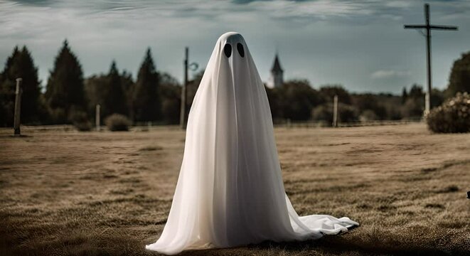 Spooky ghost in a white sheet stands in a field with a forest, crosses, and a church in the background, perfect for halloween or a creepy touch anytime
