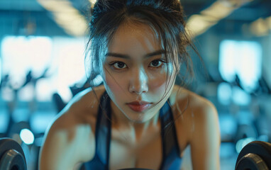 An Asian woman on a spin bike in a gym looks directly at the camera with a focused expression