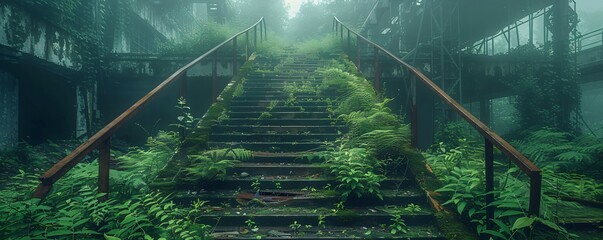 old forgotten overgrown industrial ruins with stair, rainforest lost place