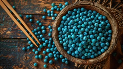 Blue Beads In Wooden Bowl