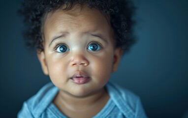 A close-up portrait of a young Melanesian infant with big blue eyes looking up