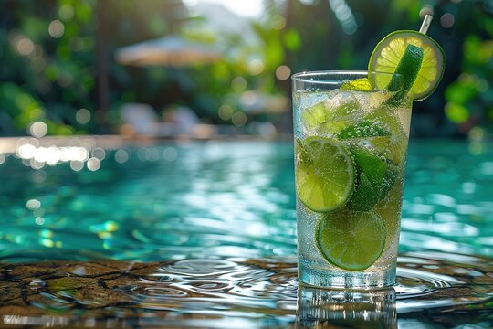 Fresh lemonade or mojito cocktail in glass with straw on a swimming poll border on sunny day