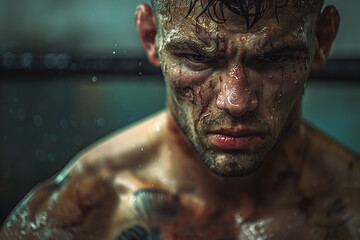 A tattooed fighter is sweating, he has blood on his face, he is in an MMA fight.