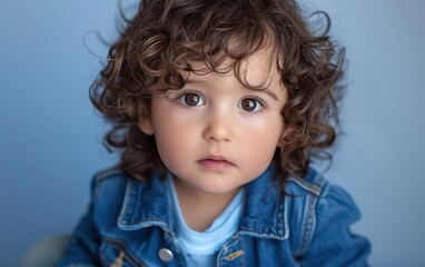 Naklejka premium A young toddler with curly brown hair looks directly at the camera. The toddler is wearing a blue denim jacket