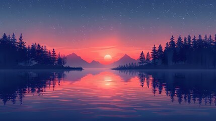 A serene digital illustration of a lake at sunset, with tranquil waters reflecting the vibrant hues of the sky. Tall pine trees frame the lake, and majestic mountains rise in the background
