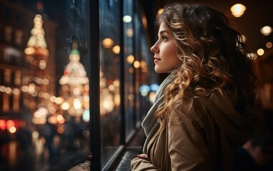 Obraz premium A young woman with curly hair looks out a window at a city street at night. Christmas lights are visible in the background