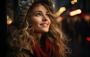 Fototapeta premium A young woman with long, curly hair smiles as she looks up at the city lights on a snowy Christmas night