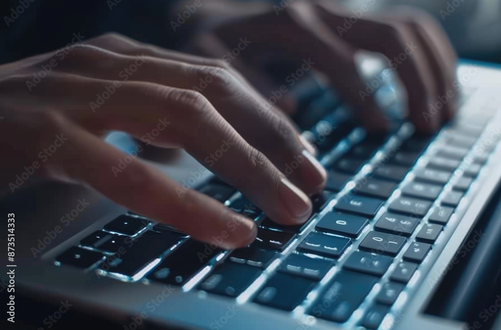 Poster closeup image of hands typing on a laptop keyboard with ambient lighting, illustrating computer work
