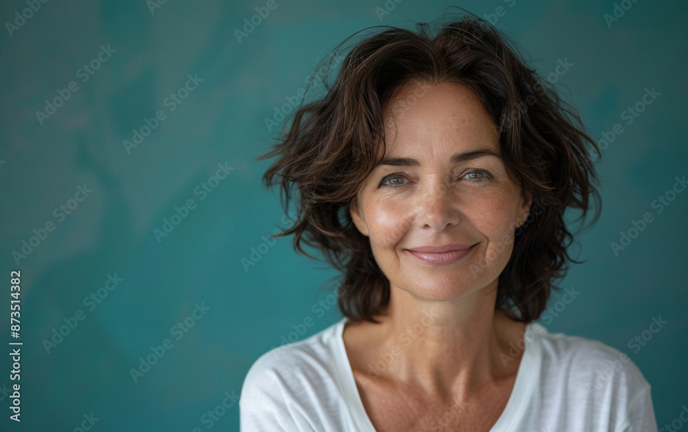 Wall mural a middle-aged woman with short, dark hair smiles directly at the camera, her face illuminated agains