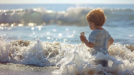 The waves crash on the shore while the boy enjoys his ice cream generative ai