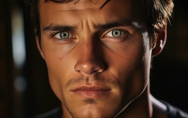 Obraz premium A close-up shot of a man's face as he applies makeup in his home