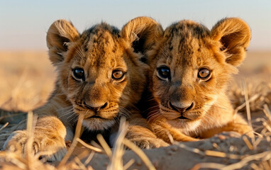Obraz premium Close-up portrait of two young African lion cubs resting in the grass during the golden hour