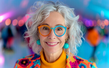 A senior woman with gray curly hair and brightly colored glasses smiles while wearing a colorful patterned jacket