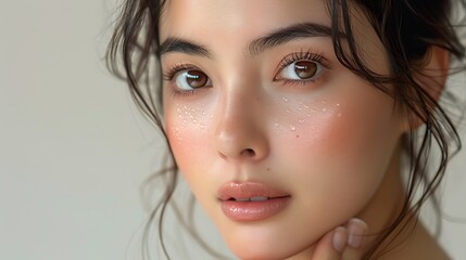Naklejka premium Close-up portrait of young Asian beautiful woman with K-beauty make up style and healthy and perfect skin isolated on beige background for skincare commercial product advertising. 