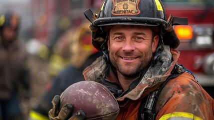 Firefighter Smiling Holding Football