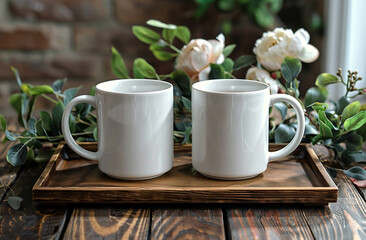 A mockup of two white blank mugs on a wooden
