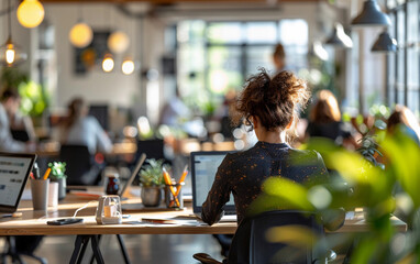 A woman sits at a desk in a modern office, working on her laptop. Sunlight streams through the windows, illuminating the space