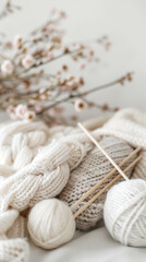 Fototapeta premium Knitted Items with Yarn and Blossoms