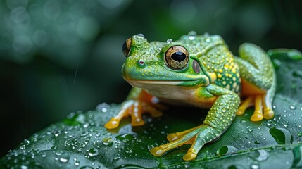 Obraz premium Green Tree Frog on a Dew-Covered Leaf