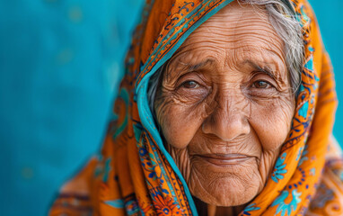 Fototapeta premium A close-up portrait of an elderly Indian woman wearing a patterned orange scarf with turquoise accents. She smiles gently at the camera