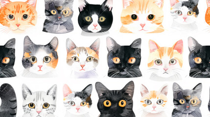 Cute cats collection on white background. Colorful graphic cats, poster design.