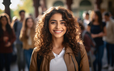 Obraz premium A young Indian woman with curly brown hair and a white t-shirt under a brown jacket smiles brightly as she walks through a busy city street