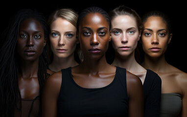 Five women of different ethnicities are standing in a row, looking directly at the camera. They are all wearing dark clothing and have their hair styled in different ways