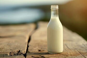 Glass bottle of milk on a rustic wooden table with a soft sunset background