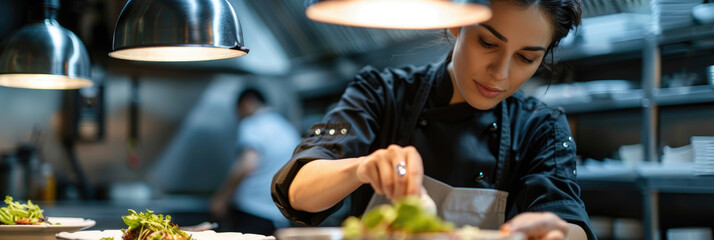 A woman in chef attire carefully prepares a plate of food in a restaurant kitchen