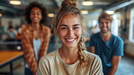 Fototapeta premium Smiling Woman with Friends in a Casual Setting