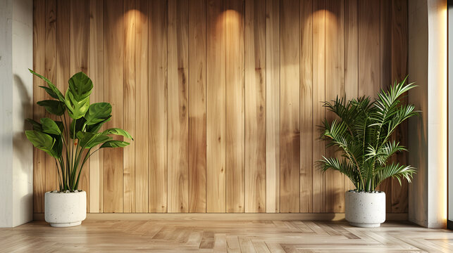 habitacion o cuarto con muro o pared de madera con iluminacion y decoracion de plantas en macetas con espacio para copiar