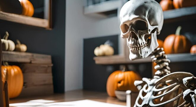 Two skeletons are celebrating halloween in a spooky atmosphere. One skeleton is wearing a witch hat and cloak, while the other is grinning mischievously