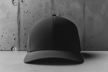 A baseball hat mockup with a blank front panel set against a textured concrete background