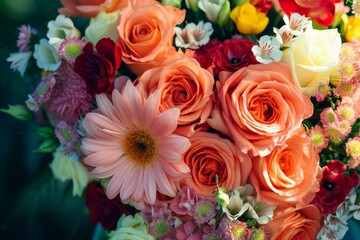 Close-up of a colorful assortment of fresh flowers including roses and daisies