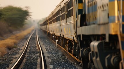 Fototapeta premium A train is traveling down the tracks with a view of the countryside