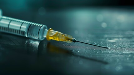 A syringe with a yellow tip is on a table