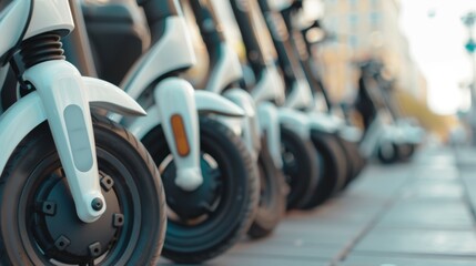A row of scooters are lined up on a sidewalk