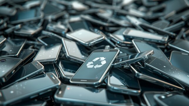 A pile of old cell phones with recycle sign on one of them