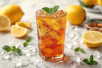 Fototapeta premium Cuba Libre or long island iced tea cocktail with strong drinks, cola, lime and ice in glass