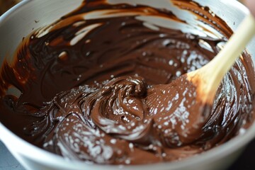 Wooden spoon stirring smooth, rich chocolate in a bowl during the confectionery process