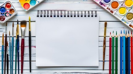 Creative work desk for self-expression, paint brushes, paintbox with watercolors, crayons, pencils and notebook paper on white wooden background, artistic workspace. Top view, flat lay, copy space. 